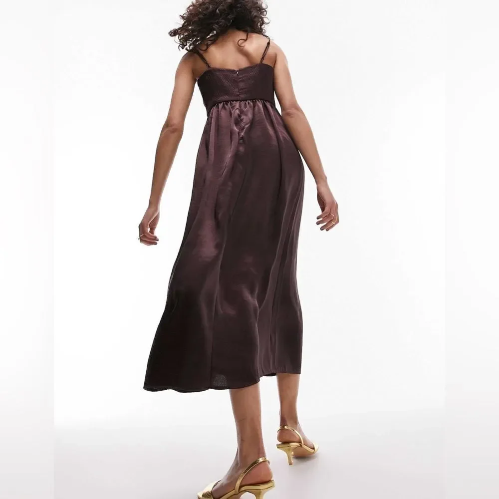 NWT TOPSHOP Corset Bust Satin Midi Dress In Chocolate-brown Size 10